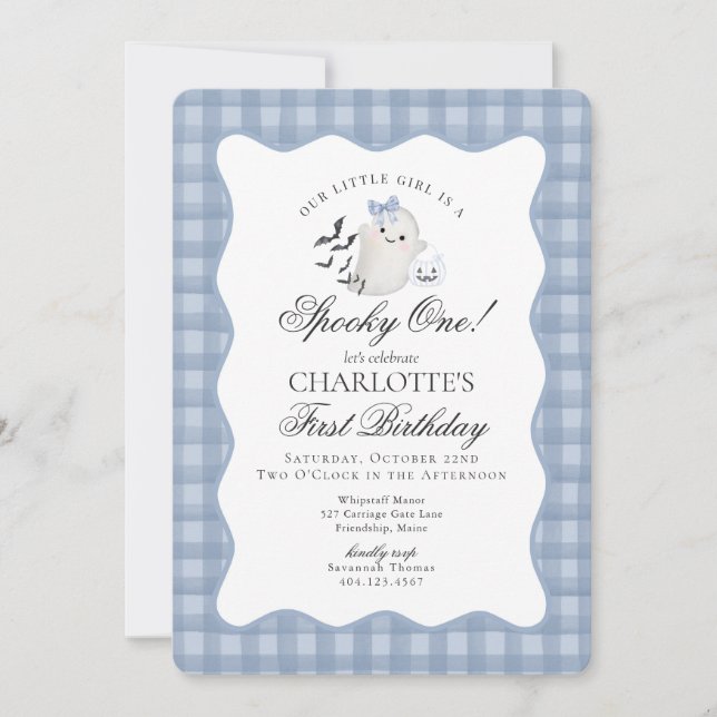Blue Gingham Preppy Ghost Spooky One 1st Birthday Invitation (Front)