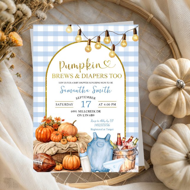 Blue Gingham Pumpkin Brews & Diapers Baby Shower Invitation (Creator Uploaded)