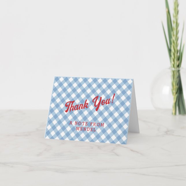 Blue Gingham Red Balloon Upsherin Thank You Note (Front)