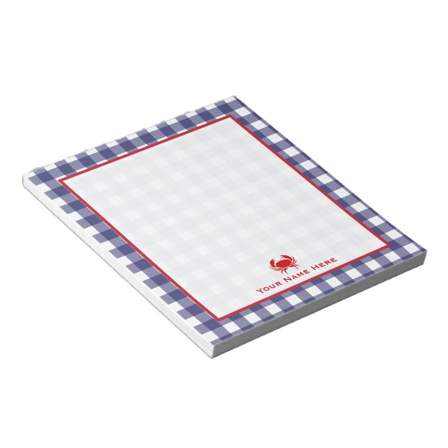 Blue Gingham & Red Crab Personalized Notepad (Angled)
