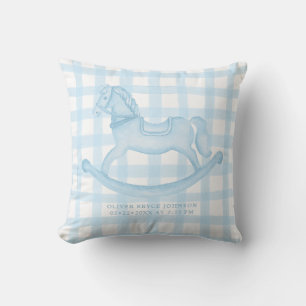 Blue Gingham Rocking Horse Baby Boy Birth Pillow