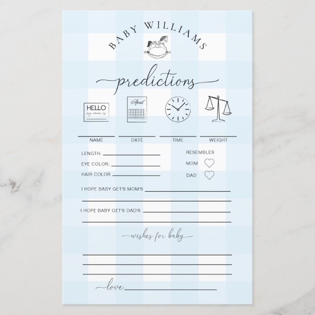 Blue Gingham Rocking Horse Baby Predictions Game (Front)