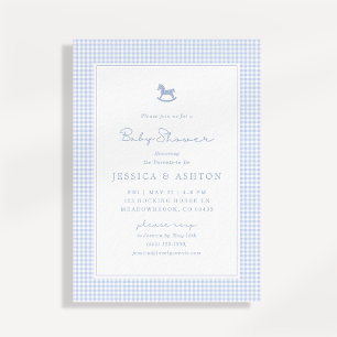 Blue Gingham, Rocking Horse, Baby Shower Invite