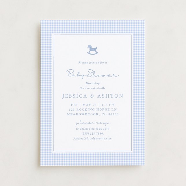 Blue Gingham, Rocking Horse, Baby Shower Invite (Creator Uploaded)