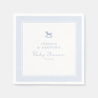 Blue Gingham Rocking Horse Baby Shower Napkin