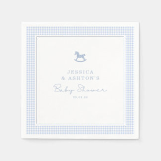 Blue Gingham Rocking Horse Baby Shower Napkin
