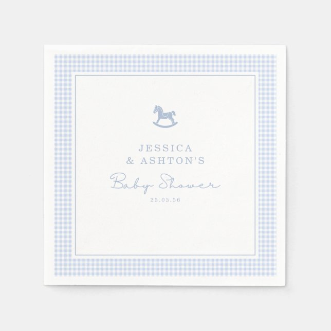 Blue Gingham Rocking Horse Baby Shower Napkin (Front)