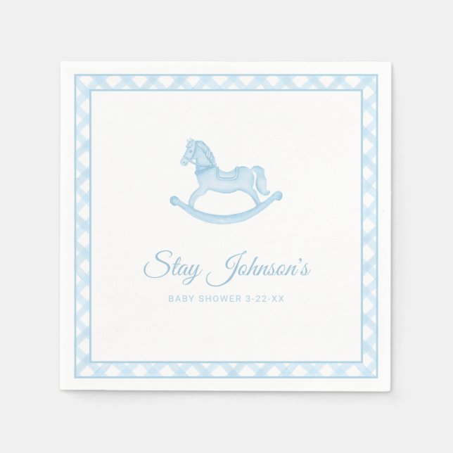 Blue Gingham Rocking Horse Baby Shower Napkins (Front)