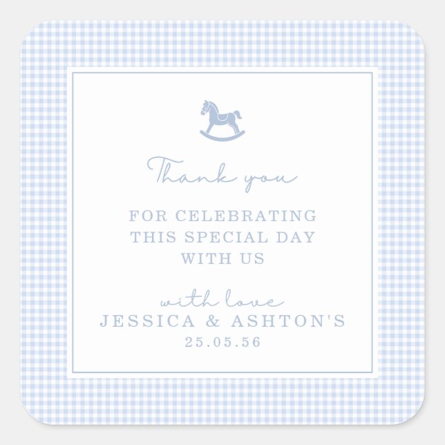 Blue Gingham Rocking Horse Baby Shower Thank You  Square Sticker (Front)