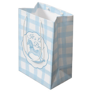 Blue Gingham Rocking Horse Boy Baby Gift Bag