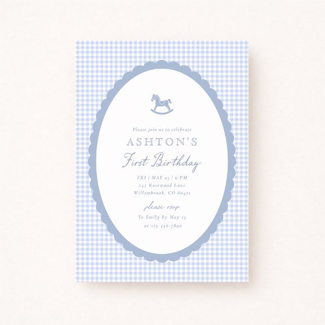 Blue Gingham Rocking Horse Boy Birthday Invitation (Creator Uploaded)