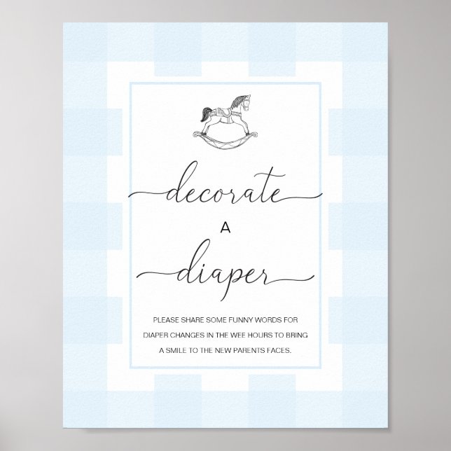 Blue Gingham Rocking Horse Decorate A Diaper Game Poster (Front)