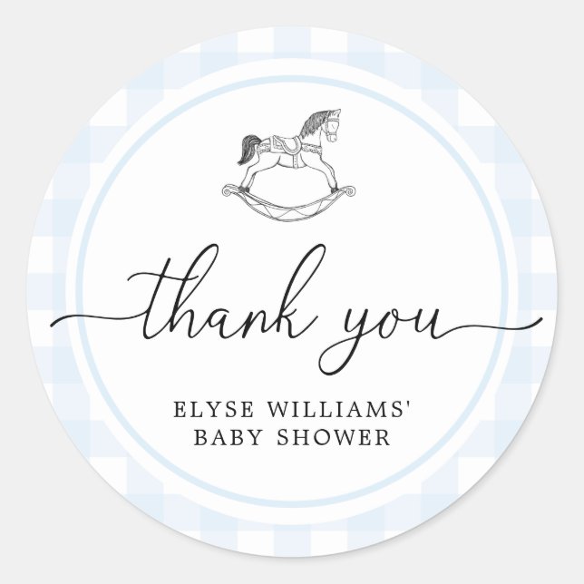 Blue Gingham Rocking Horse Shower Favour Sticker (Front)
