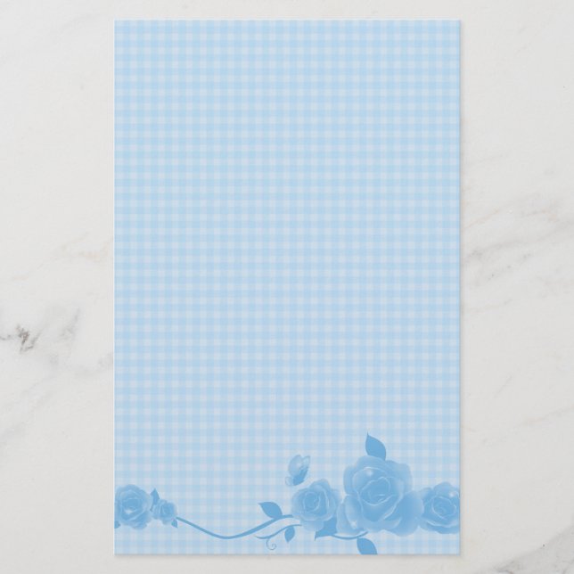 Blue Gingham Rose Stationery (Front)