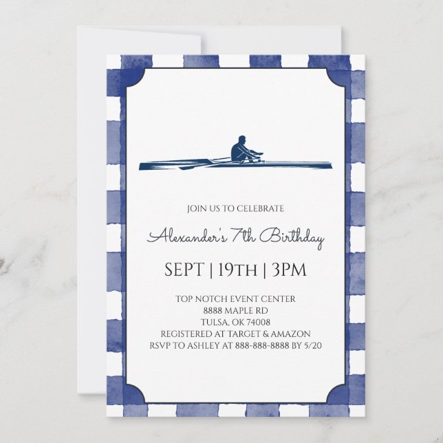 Blue Gingham Rowing Birthday Party Invitation (Front)