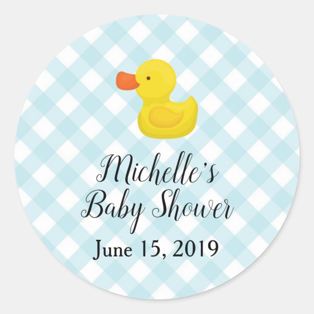 Blue Gingham Rubber Duckie Baby Shower Classic Round Sticker (Front)