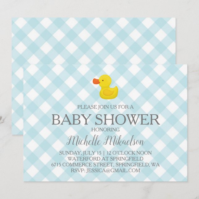 Blue Gingham Rubber Duckie Baby Shower Invitation (Front/Back)