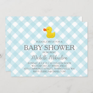 Blue Gingham Rubber Duckie Baby Shower Invitation