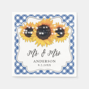 Blue Gingham Rustic Sunflower Floral Wedding Napkin