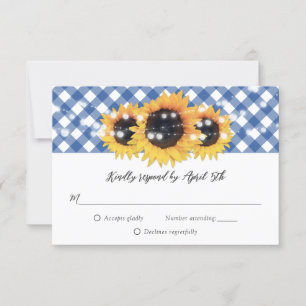 Blue Gingham Rustic Sunflower Wedding RSVP Card