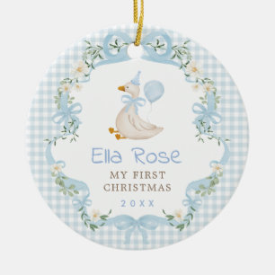 Blue Gingham Silly Goose Baby First Christmas Ceramic Ornament