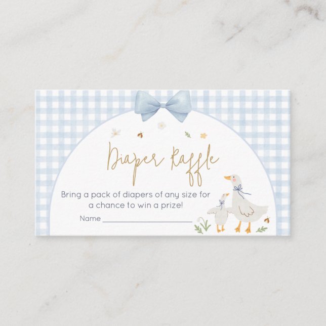 Blue Gingham Silly Goose Baby Shower Diaper Raffle Enclosure Card (Front)