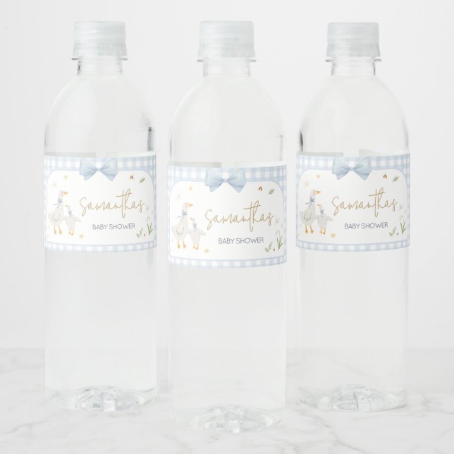 Blue Gingham Silly Goose Baby Shower Water Bottle Label (Bottles)