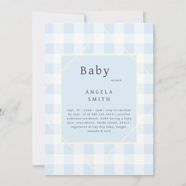 Blue Gingham Simple Baby Shower  Invitation (Front)