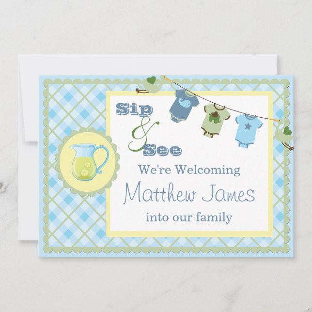 Blue Gingham Sip and See Bunting Baby Invitation (Front)