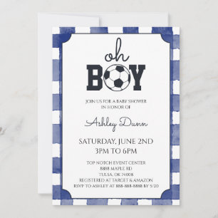 Blue Gingham Soccer Baby Shower Invitation