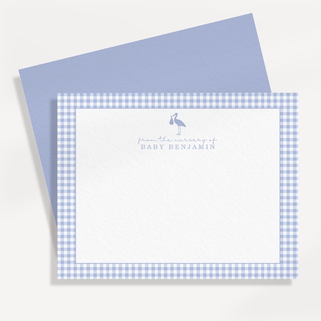 Blue Gingham Stork Nursery Note Card (Creator Uploaded)