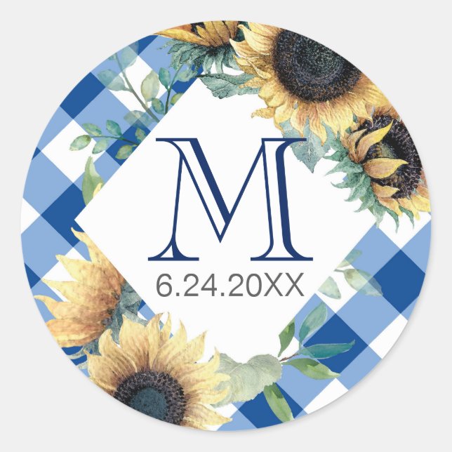 Blue Gingham Sunflower Thank You Classic Round Sticker (Front)