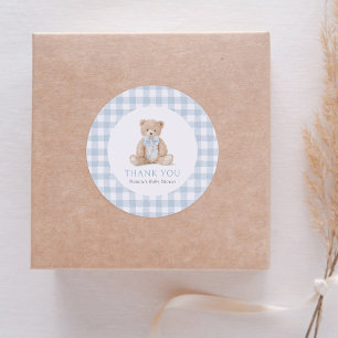 Blue Gingham Teddy Bear Baby Shower Classic Round Sticker