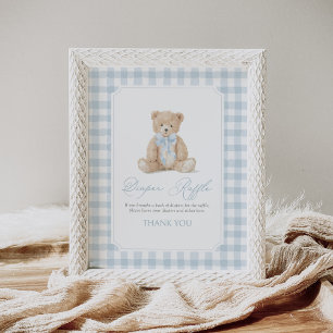 Blue Gingham Teddy Bear Baby Shower Diaper Raffle Poster