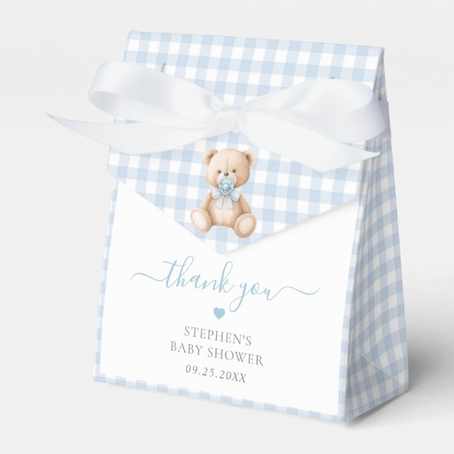 Blue Gingham Teddy Bear Baby Shower  Favor Box (Front Side)