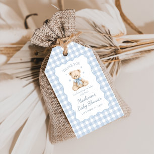 Blue Gingham Teddy Bear Baby Shower Gift Tags