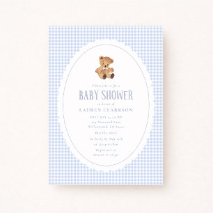 Blue Gingham Teddy Bear Baby Shower Invitation