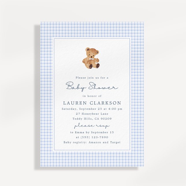 Blue Gingham Teddy Bear Baby Shower Invitation (Creator Uploaded)