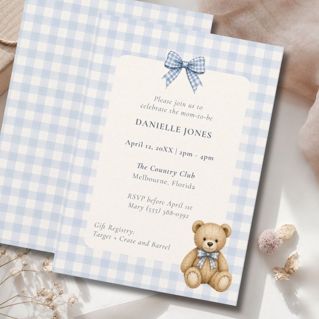 Blue Gingham Teddy Bear Baby Shower Invitation (Blue Gingham Teddy Bear Baby Shower Invitation)