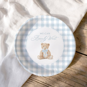 Blue Gingham Teddy Bear Baby Shower Paper Plate
