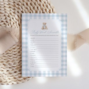 Blue Gingham Teddy Bear Baby Word Scramble Game Invitation