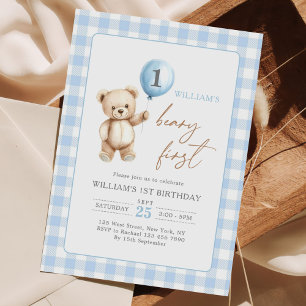 Blue Gingham Teddy Bear Balloon Boy 1st Birthday Invitation