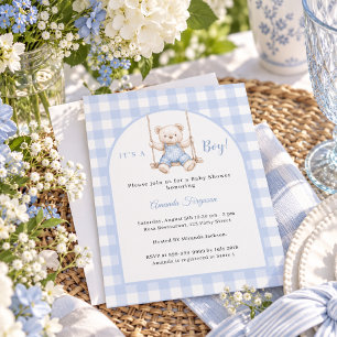Blue gingham teddy bear boy Baby Shower Invitation