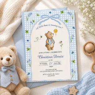 Blue Gingham Teddy Bear First Birthday Invitation