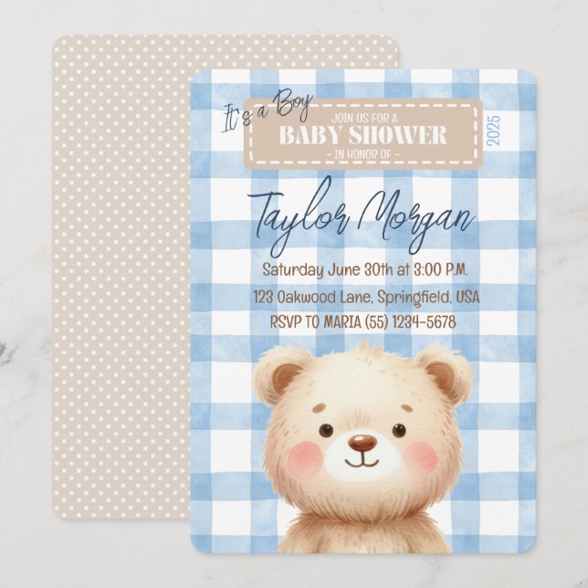 Blue Gingham Teddy Bear Invitation (Front/Back)