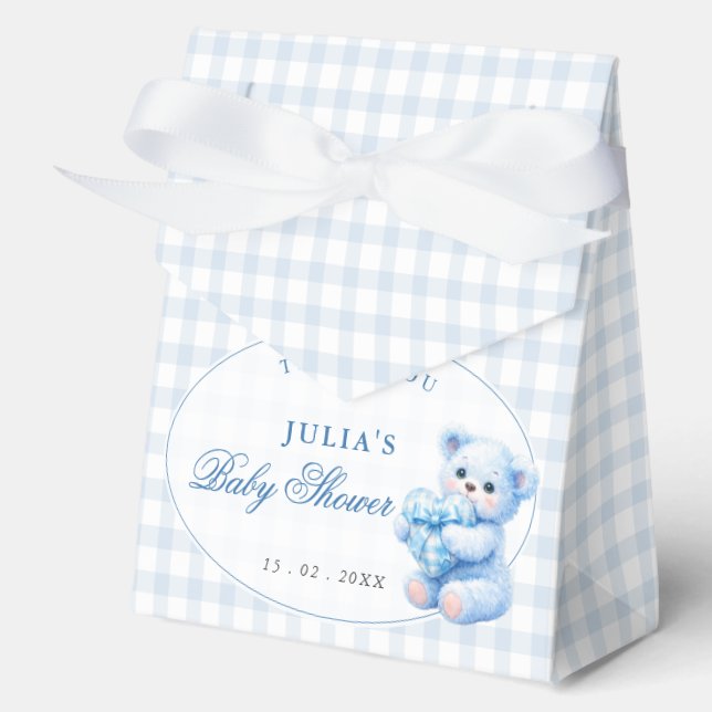 Blue Gingham Teddy Bear Neutral Baby Shower Favor Box (Front)