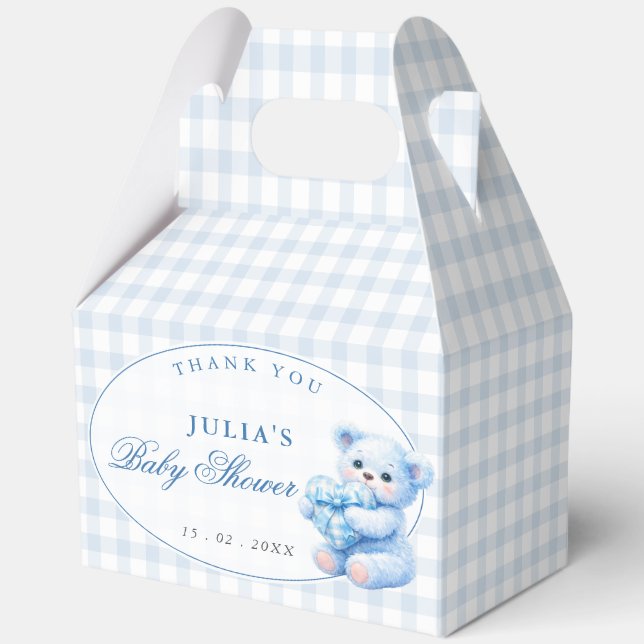 Blue Gingham Teddy Bear Neutral Baby Shower Favor Box (Front)