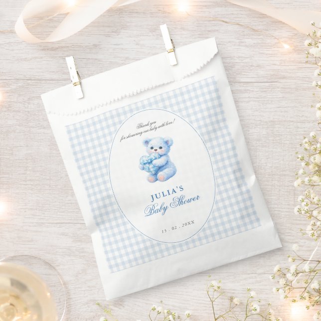 Blue Gingham Teddy Bear Neutral Baby Shower Favour Bag (Clipped)