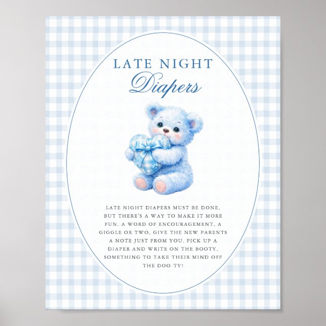 Blue Gingham Teddy Bear Neutral Baby Shower Poster (Front)