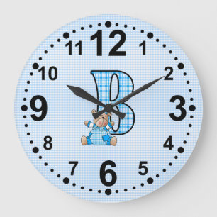 Blue Gingham Teddy Bear with Letter B Large Clock